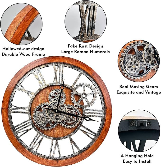 The B-Style Large Wall Clock 24 inch Moving Gear Wall Clock Oversized Vintage
