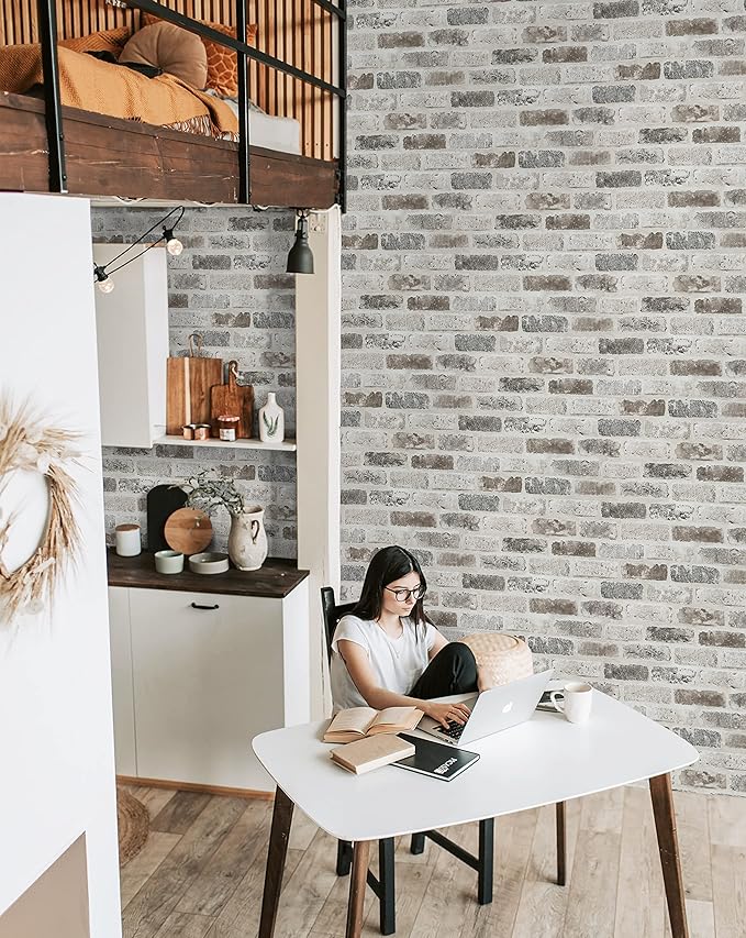 Guvana 17.3"×394" Brick Wallpaper Grey and Brown Self Adhesive Wallpaper 3D
