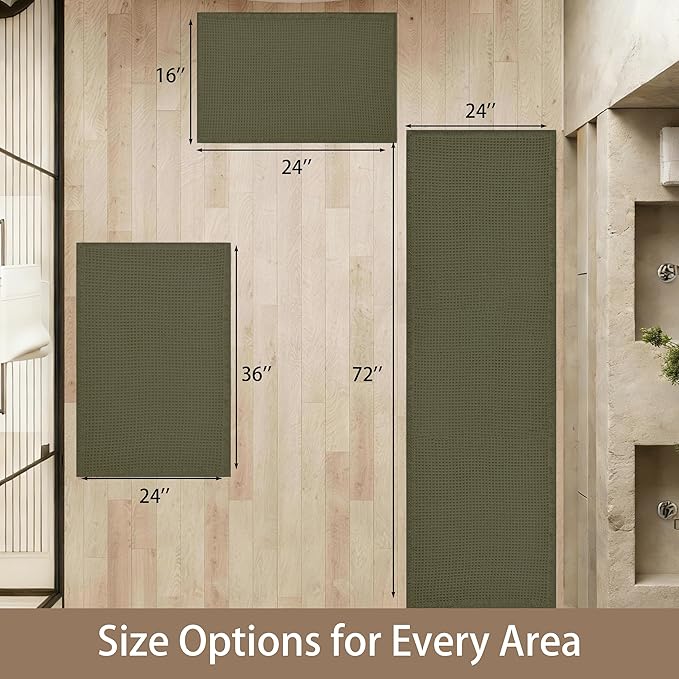Waffle Bath Mat Non Slip, Boho Runner Rug, Super Absorbent Quick Dry Long Bath Runner Bathroom, Soft Farmhouse Bath Rug with Tassels, Washable Shower Mats for Floor 24"x48", Olive Green