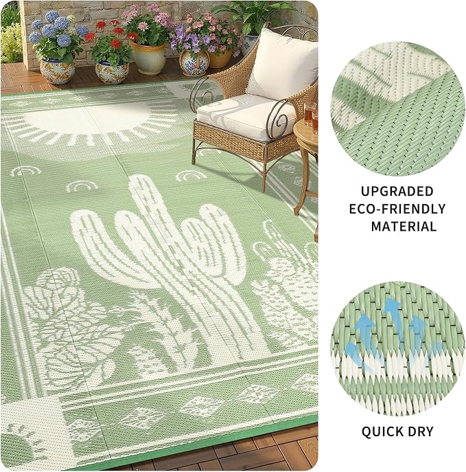 Garvee Reversible Cactus Outdoor Rug 8x10 for Patio, Waterproof Outdoor Area Rug, Modern Desert Botanical Indoor Outdoor Rugs, Plastic Straw Rug for RV, Camping, Deck, Sage Green & Beige