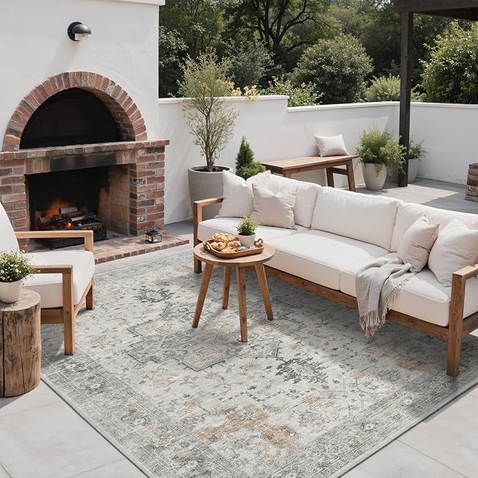 GENIMO Outdoor & Indoor Area Rug 5'x8', Waterproof, Non-Shedding, Easy Cleaning, Boho Mat for Patio, Living Room, Balcony, Dining Room, RV, Deck, Bedroom, Camping, Outside Carpet,Light Grey Brown