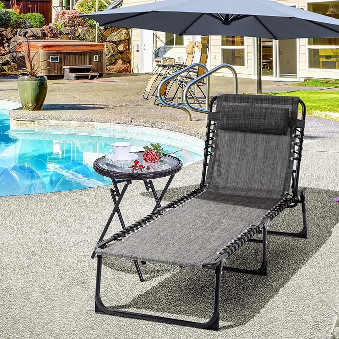 Outdoor Lounge Chair, Tanning Chair with Sunshade Roof, Adjustable Backrest Folding Chaise Lounge with Pillow Headrest for Outside, Beach, Camping, Hiking (No Sunshade Roof, Light Gray)