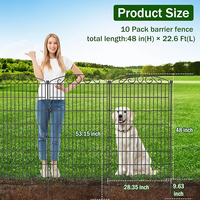 10 Panel No Dig Decorative Garden Fence - 48in H x 22.6 ft L, Tall Animal Barrier for Dogs Rabbits, Rustproof Metal Wire Panels for Yard, Patio, and Outdoor Border Use