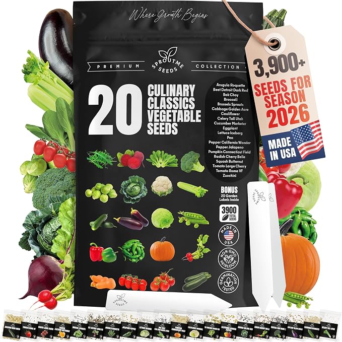 Vegetable Seeds Variety Pack – Tomato, Cucumber, Zucchini, Lettuce, Broccoli & Cabbage – 20 Varieties, 3900+ Non-GMO Heirloom Seeds, Indoor & Outdoor Garden