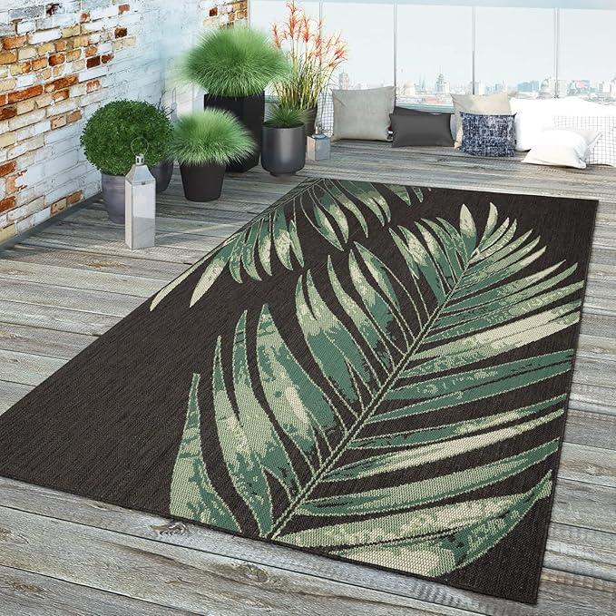 Outdoor Rug Black Green with Floral Palm Leaf Design Waterproof, Size: 4'7" x 6'7"