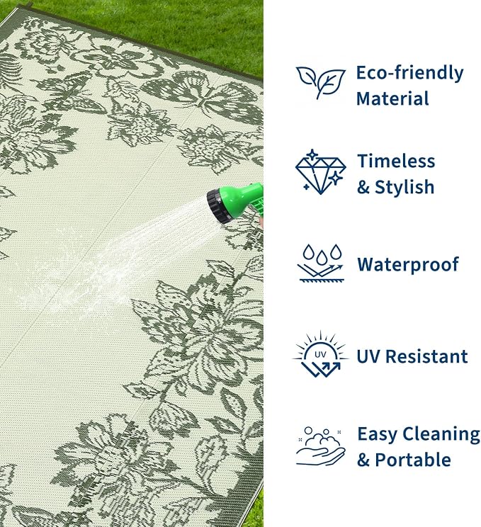Garvee 5’x8’ Waterproof Patio Outdoor Rug, Outdoor Plastic Straw Rug for Camping, RV Mat Outside, Indoor Outdoor Carpet for Porch, Deck, Backyard, Balcony, Picnic, Ssage Green & White