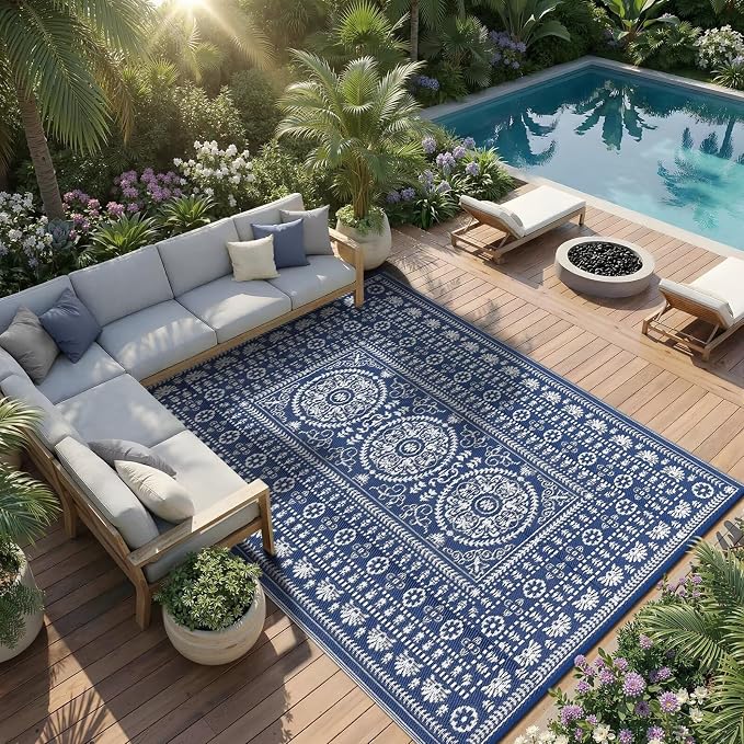Garvee Reversible Outdoor Rug 6x9 for Patio, Waterproof Outdoor Area Rug, Modern Medallion Indoor Outdoor Rugs, Plastic Straw Rug for RV, Camping, Deck, Vintage Navy