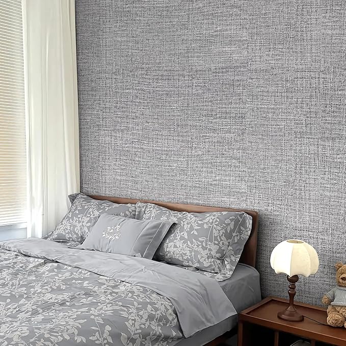 Grey Grasscloth Peel and Stick Wallpaper 17.3"x160" Faux Linen Textured Contact