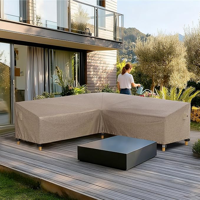 iBirdie Outdoor Patio Furniture Cover fit 104 x 83 inch, 103 x 80, 102 x 79 L-Shaped Sectional Sofa, Waterproof Weatherproof Heavy Duty 600D Garden Cover for Outside L Shape Couch, Brown
