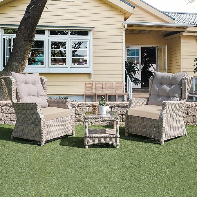 UNIKOME Outdoor Chair Cushions Pack of 4, Water Resistant Patio Cushions with Ties, High Density Sponge Filling Square Corner Seat Cushions for Outdoor Furniture, 19"*19"*3", Beige