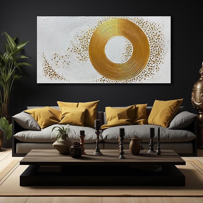 Abstract Circle Hand Painted Wall Art for Office White and Gold Pictures Wall Decor for Bedroom Extra Large Wall Art for Living Room Size 36 x 72 Inch