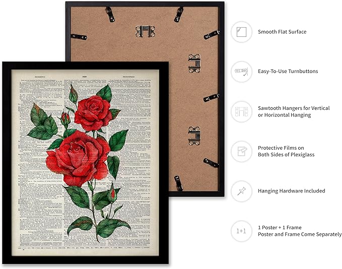Poster Master Dictionary Art Poster - Red Roses Print - Flower Art - Floral Art - Gift for Men, Women & Florist - Minimal Decor for Living Room, Bedroom, Dorm or Flower Shop, 8x10 Black Framed