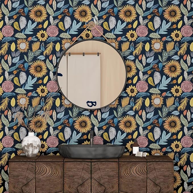 Blue Boho Wallpaper Peel and Stick, Vintage Floral Contact Paper 17.5" x 118"