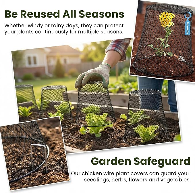 SOUJOY 10 Pcs Chicken Wire Plant Covers, 8 x 8 Inches Metal Garden Cloche with 30 Garden Stakes and 20 Waterproof Labels, Plant Protectors from Animals for Keeping Bunnies Chicken Squirrels Birds Out