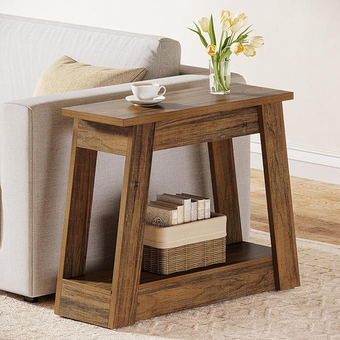 Tribesigns Wood End Table, Small Side Table with 2 Storage Shelves, Rustic Accent Narrow Nightstand for Living Room, Bedroom (2, Rustic Brown)