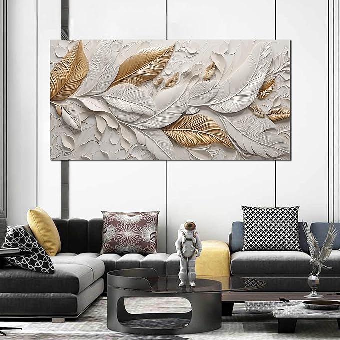 Feather Canvas Wall Art for Bedroom - White and Gold Pictures for Living Room - Modern Art Wall Decor for Office Size 29" x 59"