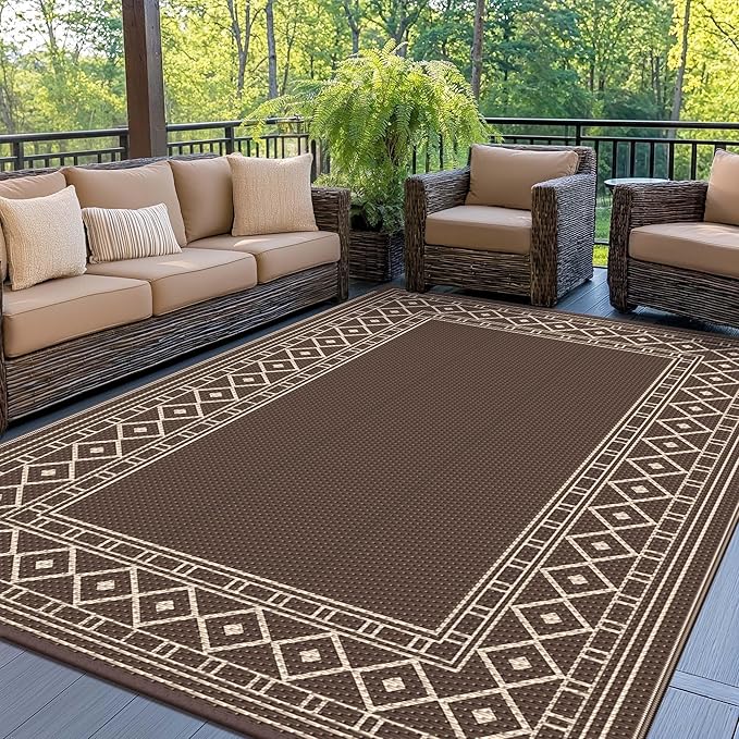 GENIMO Outdoor Rug Waterproof for Patio Decor, 5'x8' Reversible Plastic Straw Rug Carpet, Camping Mat for Outdoor, RV, Backyard, Deck, Balcony, Picnic, Beach, Coffee & Beige