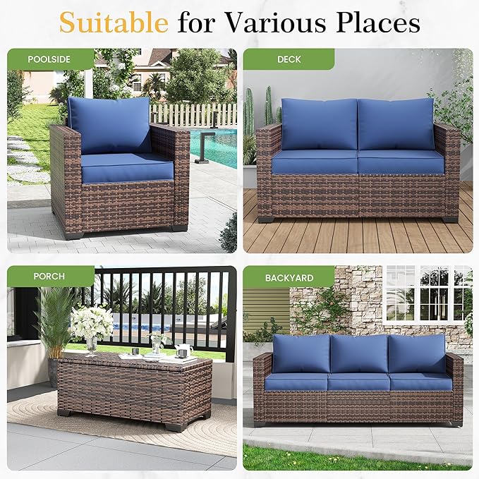 Amopatio Patio Couch, 2-Seat Outdoor Furniture, Wicker Porch Furniture Outdoor Couch Sofa with Water-Resistant Cover & Non-Slip Cushions, Premium Patio Set, Blue