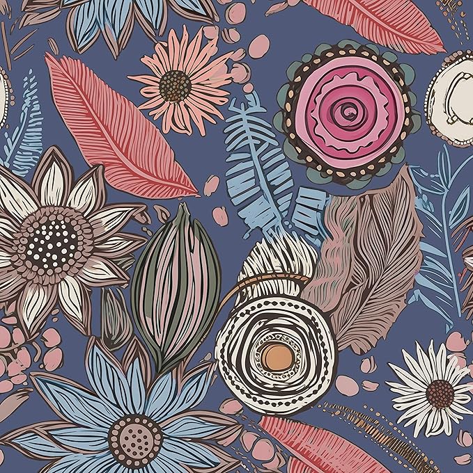 Boho Wallpaper Peel and Stick, Vintage Blue Pink Floral Contact Paper, Retro