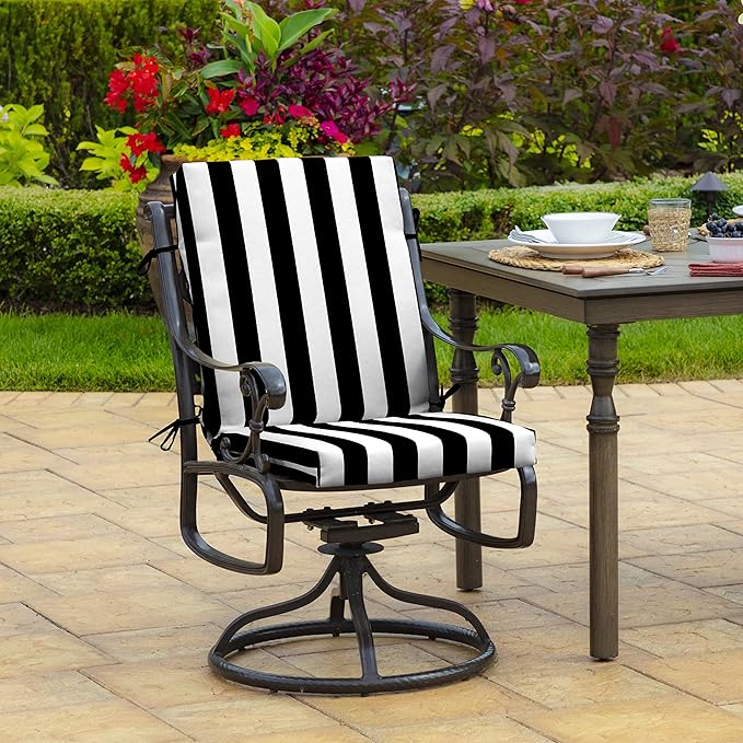 Arden 2-Pack Outdoor Patio Dining Chair Cushion, 20x44, Rain-Proof Seat Pad, Fade-Resistant Outdoor Cushion Black Cabana Stripe