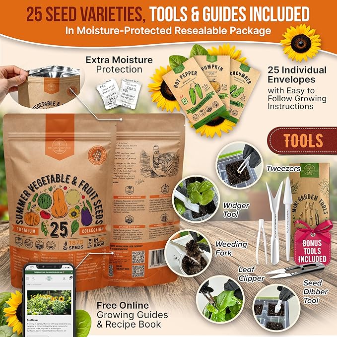 25 Summer Vegetable & Fruit Seeds Variety Pack - 1,870+ Non-GMO Heirloom Veggie & Fruits Seeds for Outdoors and Indoor Home Gardening, Including Collards, Tomato, Pepper, Okra, Onion, Bean, Cucumber