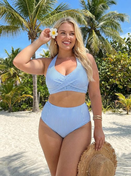 Herseas Women's High Waisted Bikini Set - Stylish Halter Design with Patch Pockets | Striped Swimwear