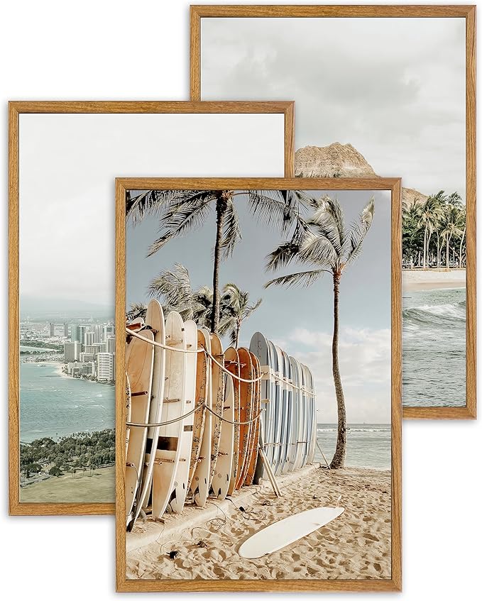 UPWOIGH Large Framed Canvas Wall Art, Set of 3 Hawaiian Surf Decor, Island Beach Photography Prints, 16x24 in Natural Cotton, Minimalist Coastal Travel Art for Living Room, Dining Room, Office, Gifts