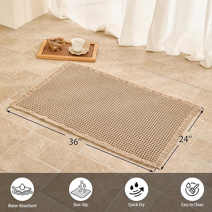 Waffle Bath Mat Non Slip, Boho Bathroom Rug, Super Absorbent Quick Dry Bathroom Mat, Soft Farmhouse Bath Rug with Tassels, Small Washable Shower Mats for Floor 24"x36", Brown