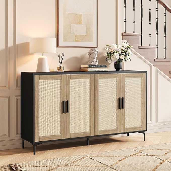 JASIWAY Buffet Cabinet with Storage, 48" Rattan Sideboard with Adjustable Shelves, Modern Coffee Bar Cabinet Console Table with Doors, Credenza for Kitchen, Living Room, Entryway, Dining Room, Black