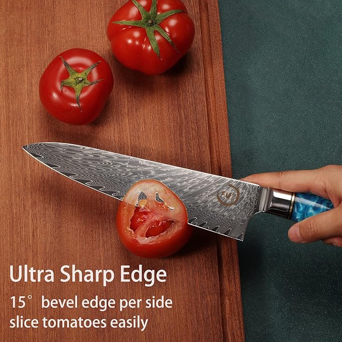 Chef Knife 8 inch, Damascus Chef Knife VG10 Core Steel with 66-Layers High Carbon Professional Sharp Chefs Knife 8" Blade Ergonomic Beautiful Blue Resin Handle Gift Boxed