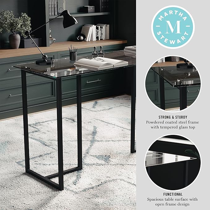 Martha Stewart Eli Home Office Desk with Glass Top and Steel Frame, Oil Rubbed Bronze