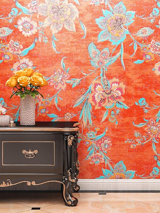 FunStick 17.5"x118" Vintage Floral Peel and Stick Wallpaper Orange Red Wall