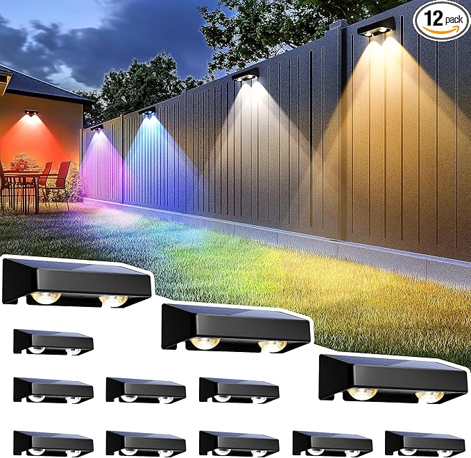 SOLPEX Solar Fence Lights Outdoor, 9 Fixed Colors ＆ Color Changing Fence Solar Lights Outdoor Waterproof IP65, LED Deck Lighting for Halloween Wall Backyard Step Railing Patio Pool Porch(12 Pack)