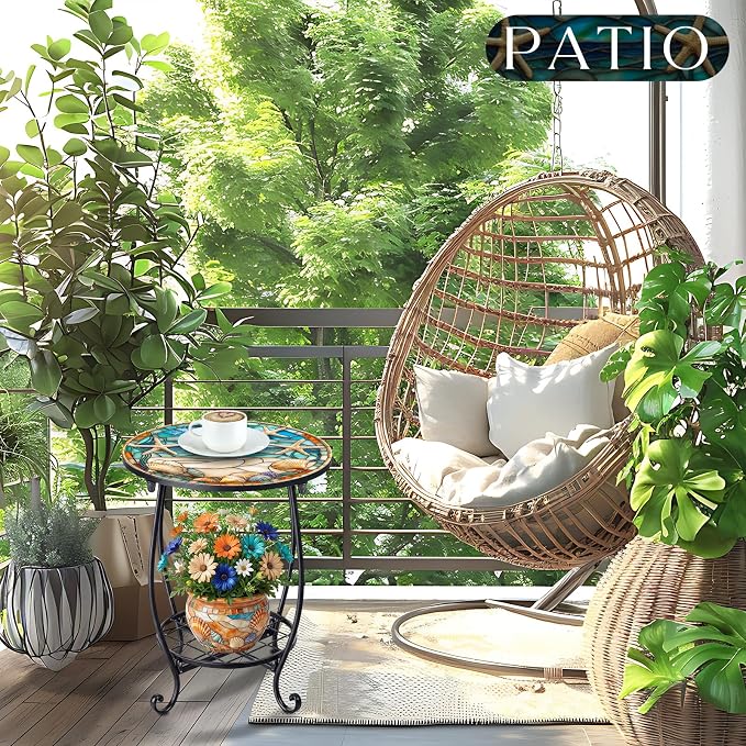 Cinnvoice Outdoor Side Table Round Small Mosaic Patio Accent Indoor End Plant Coffee Tea Table for Yard Patio Porch Garden Living Room, Bedroom(Beach Starfish Style,14 Inch)