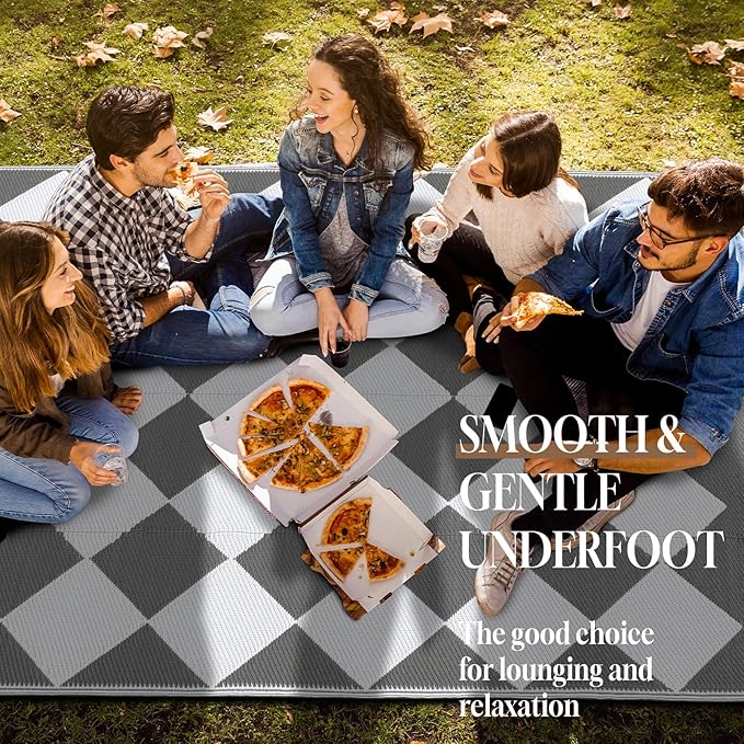 OMERAI Reversible Waterproof Outdoor Rug for Backyard,Plastic Textured Resistant Outdoors Rugs,Portable Washable Easy Cleaning Foldable Camping Beach Carpet for Patio Courtyard, 6'x9' Gray & White