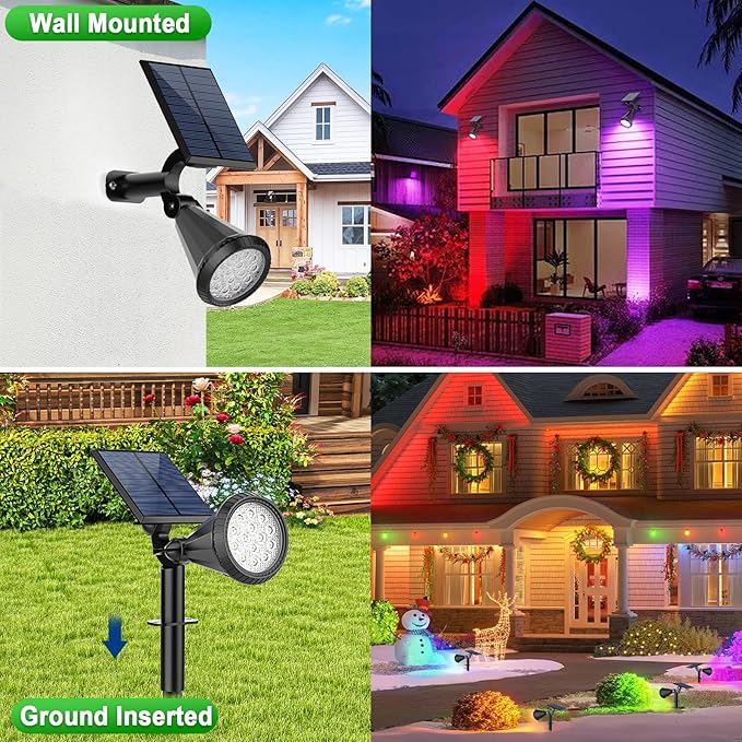 Color Changing Solar Spot Lights Outdoor Waterproof 180° Adjustable Colored RGB Solar Powered Landscape Lights for Yard 7 Lighting Modes Solar Spotlights for Pathway Garden Outside (2 Pack)
