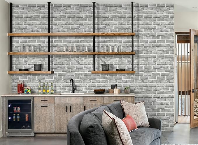 Guvana 17.3" x 394" Grey Brick Wallpaper Peel and Stick 3D Brick Contact Paper