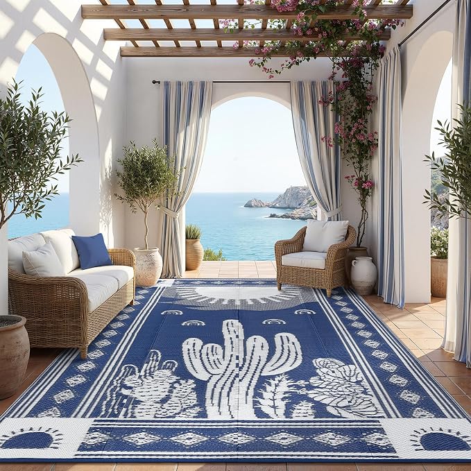 Garvee Waterproof Outdoor Rug 5x8, Cactus Botanical Outdoor Plastic Straw Rug for Camping, Reversible RV Mat Outside, Indoor Outdoor Carpet for Porch, Deck, Backyard, Balcony, Picnic, Navy & White