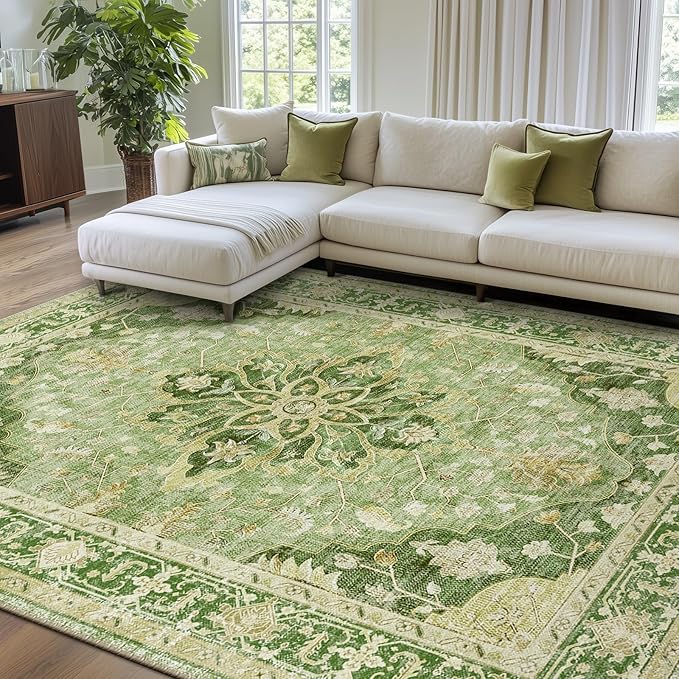 Area Rugs 7'x9' Washable Non-Slip, Floral Vintage Distress Print Pattern Medallion Carpet for Living Room Bedroom Dining Room, Sage Green Yellow