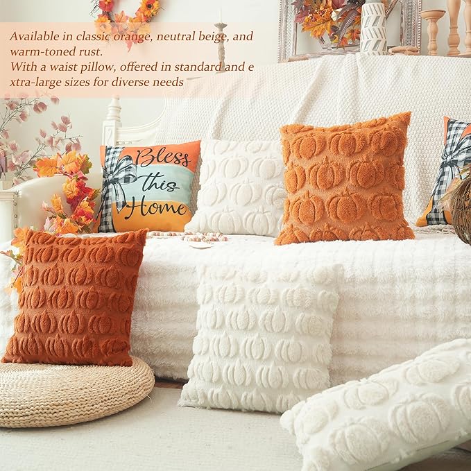 GEEORY Fall Pumpkins Soft Plush Pillow Covers, 16 x 16 Inch Set of 2, Fluffy Faux Fur Wool Decorative Farmhouse Cushion Case for Sofa Home Decoration Beige Pumpkin GC020-16