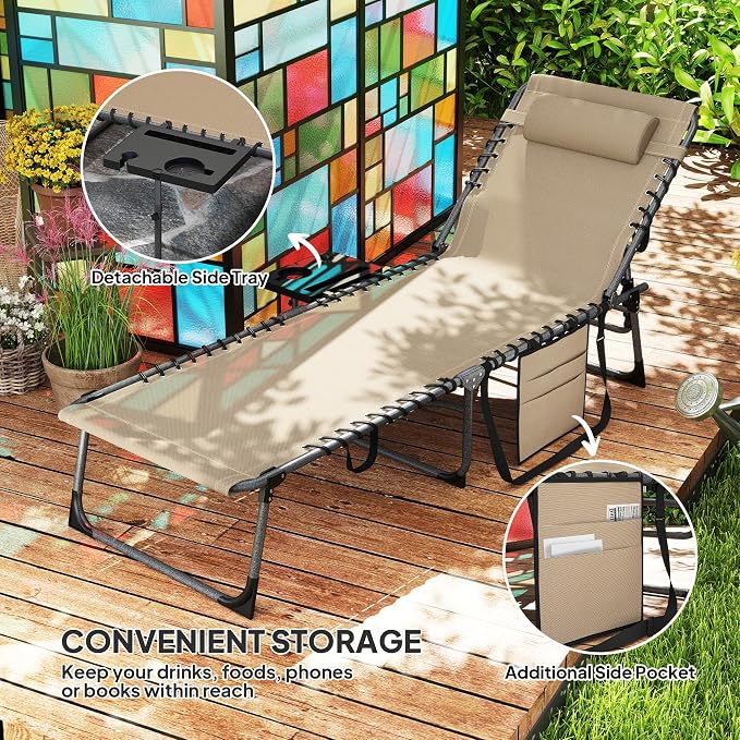 Outsunny Folding Chaise Lounge Chair Outdoor Tanning Chair Beige | Side Table, 5-Level Adjustable Beach Lounger, Headrest, Side Pocket, Patio Backyard Beach Poolside