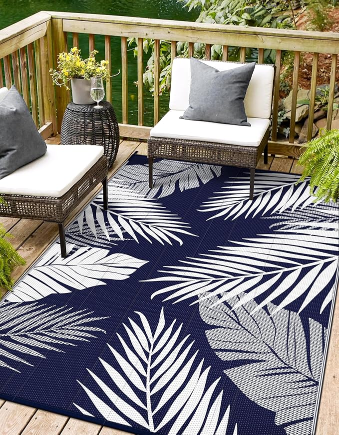 Outdoor Rug 8’x10’ Waterproof for Patio Clearance, Reversible Indoor Outdoor Plastic Straw Camping Rug Carpet, RV Mat, Large Area Rug for Deck, Backyard, Balcony, Porch, Beach, Blue & White