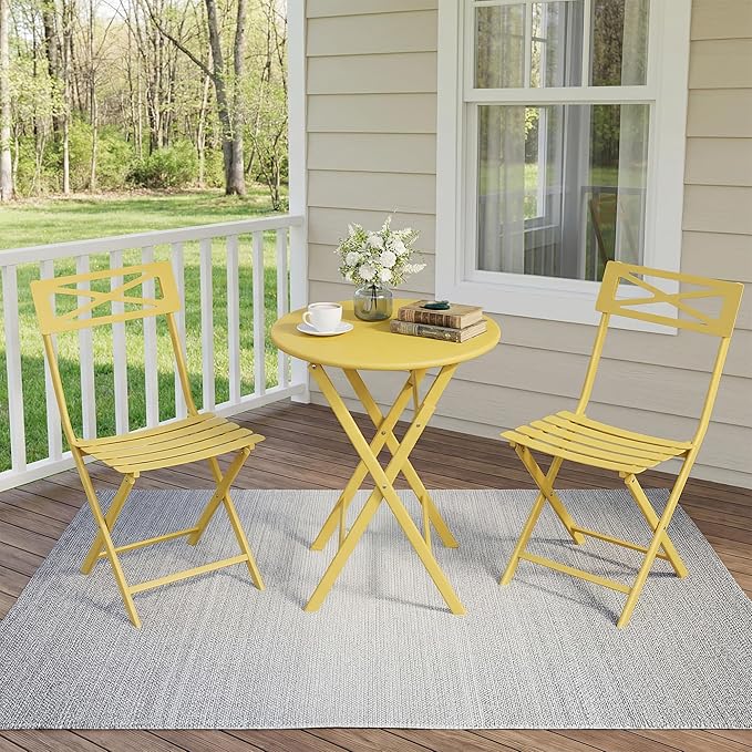 GarveeTech 3-Piece Folding Bistro Set, Heavy Duty Outdoor Patio Furniture with 2 Chairs & 1 Table, Weather-Resistant Steel Frame, No Assembly Required for Garden, Yard, Balcony,Yellow
