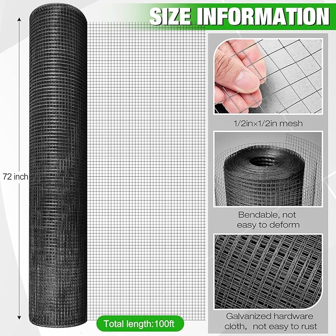 Tatuo Hardware Cloth 1/2 Inch 72in x 100ft Hot Dip Galvanized After Welded Cage Mesh Rolls 21 Gauge Metal Chicken Wire Roll Wire Fencing Poultry Netting for Raised Garden Rodent Animals