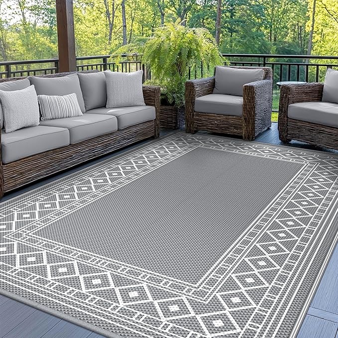GENIMO Outdoor Rug Waterproof for Patio Decor, 8'x10' Reversible Outdoor Plastic Straw Rug Carpet, Camping Mats for Outdoor Decor, RV, Backyard, Deck, Balcony, Picnic, Grey & White