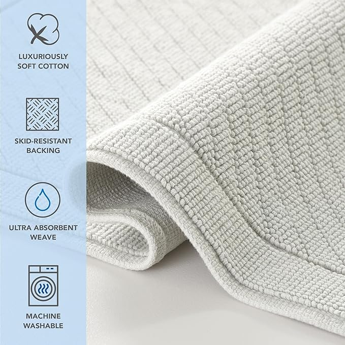 Arkwright 100% Cotton Bathroom Rug - High Absorbent Stylish Textured Woven Design Bath Mat, Slip Resistant Backing for Shower and Bathtub Floor, 17x24 in - Grey