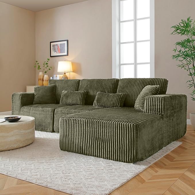 L Shaped Modular Boneless Sectional Couches for Living Room, Wide Armrest, Deep Seat, Memory Foam, Assembly Free, Modern Comfy Corduroy Fluffy Cloud Sofa with Right Chaise, Green