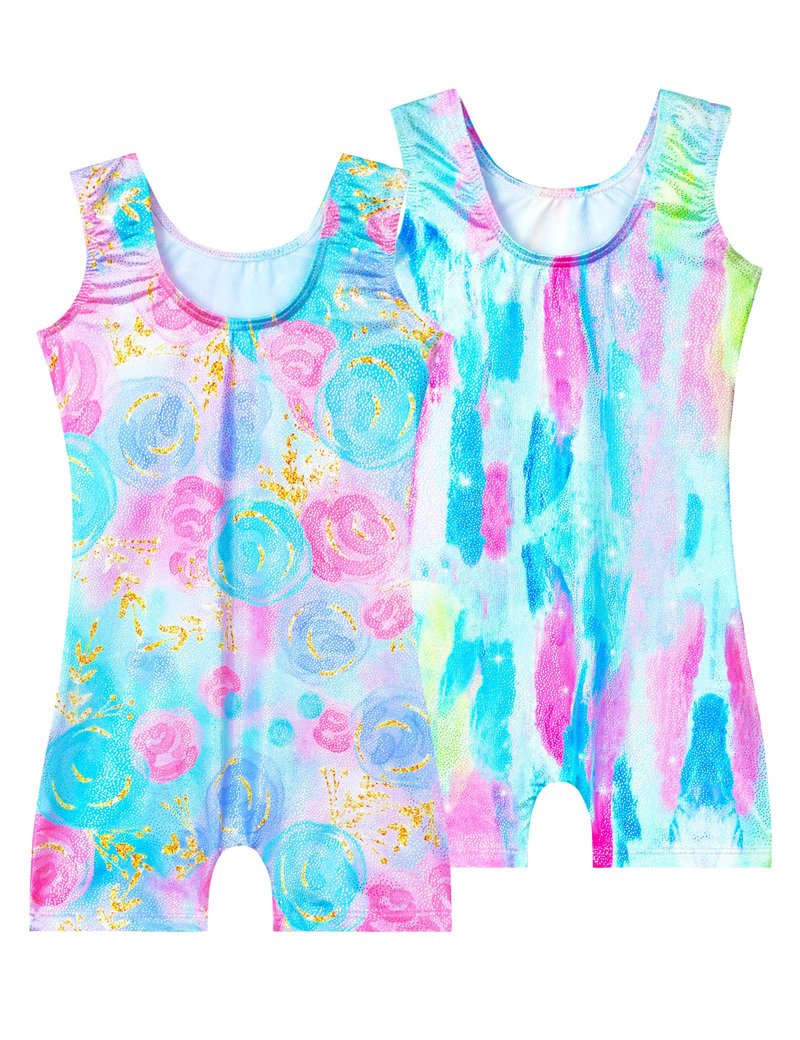 Nokecina Girls Leotards for Gymnastics Size 6-7 Years Old Shorts Blue Rose Flowers Biketards Unitards Two Pack with Shorts
