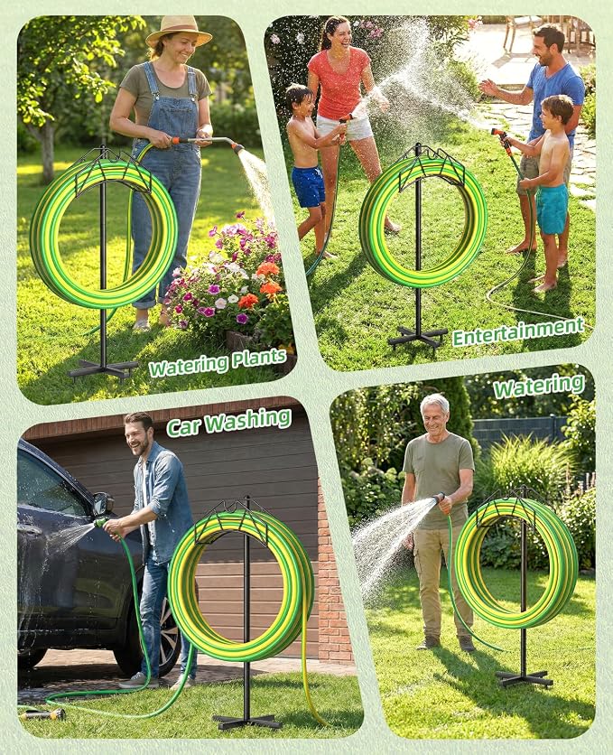 Garden Hose Holder, Heavy Duty Water Hose Holder Holds 150/160ft Hose for Outside, Hose Stand Storage Rack Freestanding with Nozzle Holder & Stable Base,Metal Hanger for Yard Lawn Farm Gardening Tools