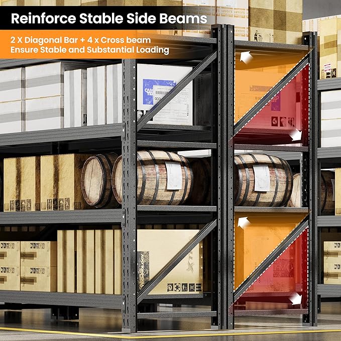 79” W Garage Shelving Heavy Duty, 7000LBS Metal Storage Shelves, 4 Tier Storage Rack Shelf, Steel Industrial Shelving, Adjustable Standing Shelf for Basement/Warehouse 79" W x 24" D x 79" H, Black